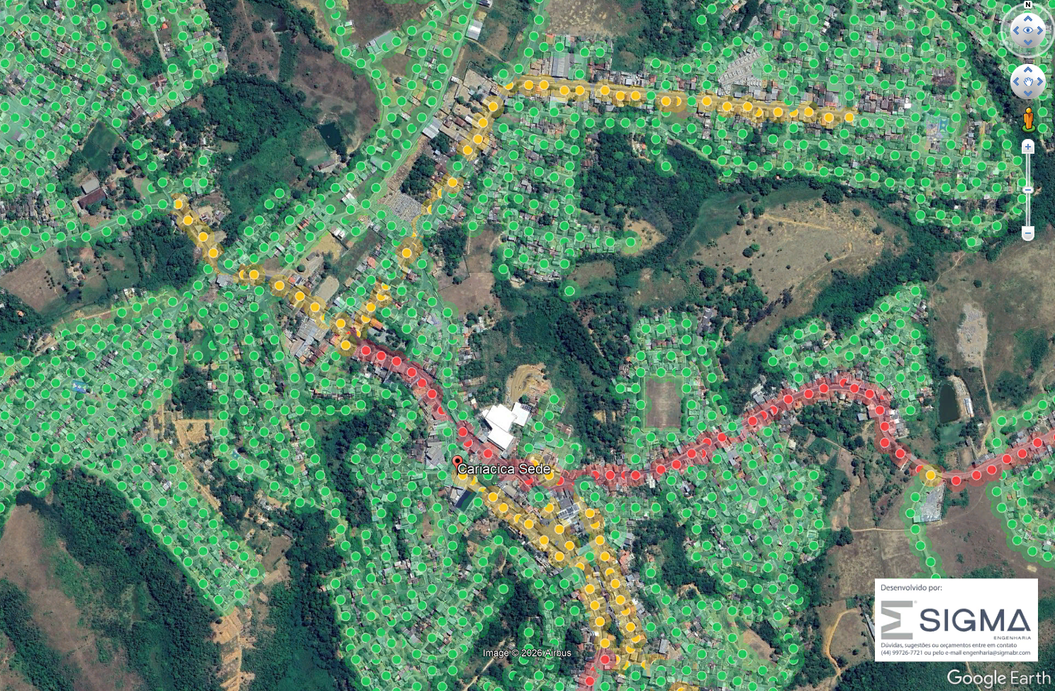 Camada de postes EDP aberta no Google Earth, com marcadores coloridos sobre o mapa