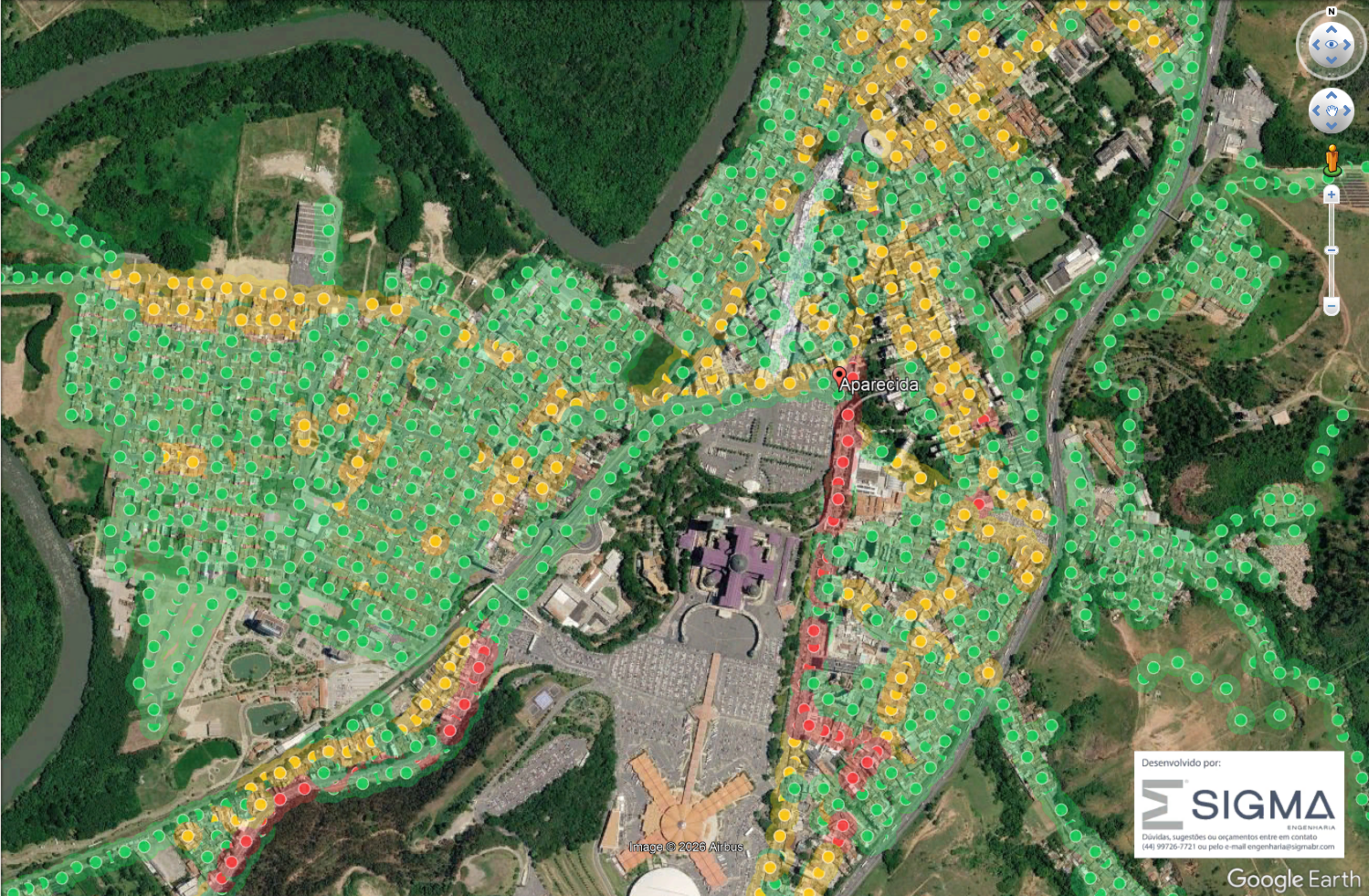 Camada de postes EDP aberta no Google Earth, com marcadores coloridos sobre o mapa